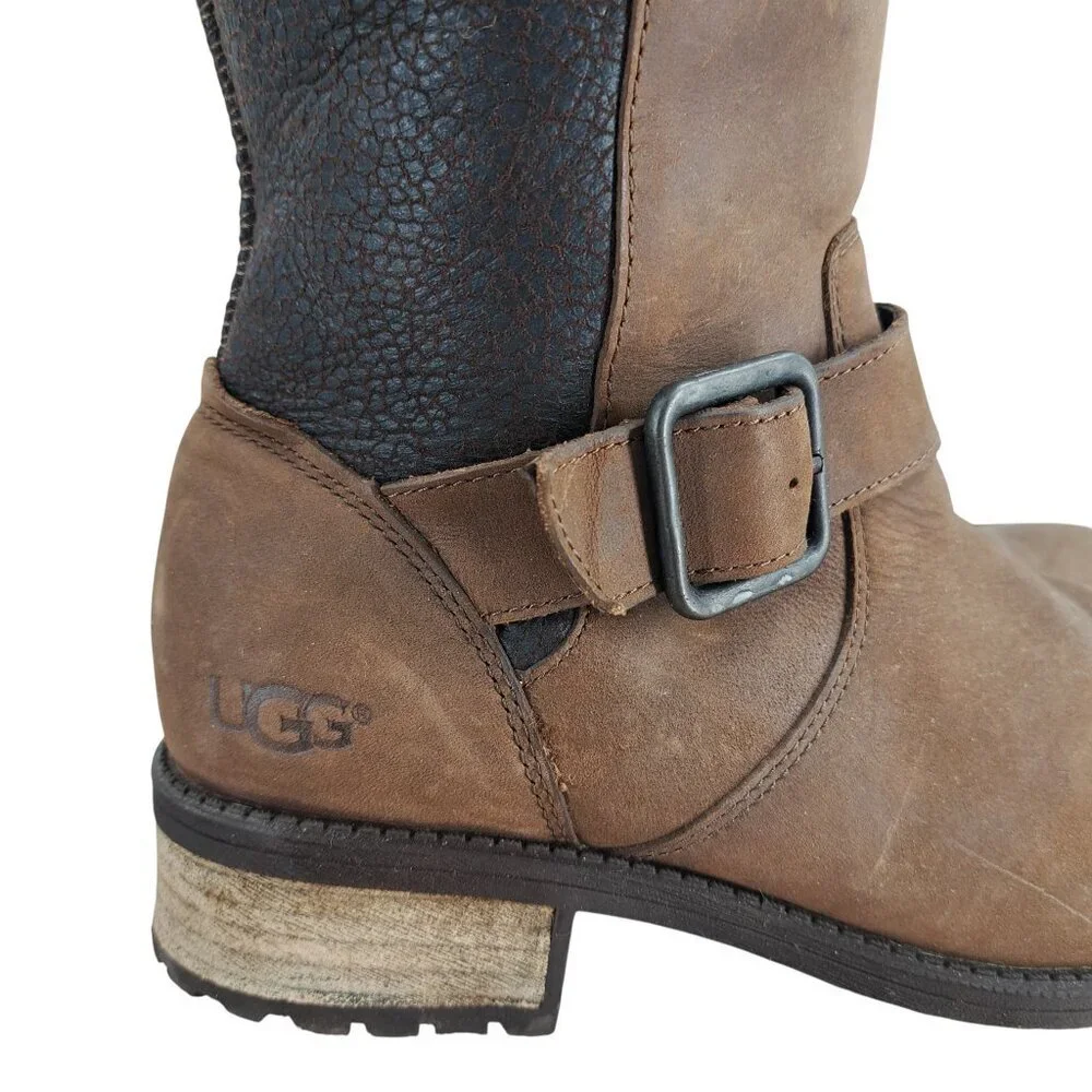 Ugg Oregon Brown Leather Waterproof Boots Size 7.5 Shearling Fur Moto Buckle
